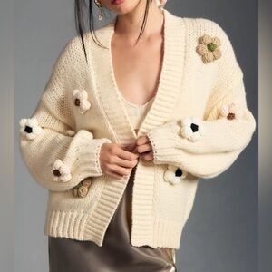 Anthropologie Maeve Susannah 3D Flower Cardigan Sweater, Cream, One Size